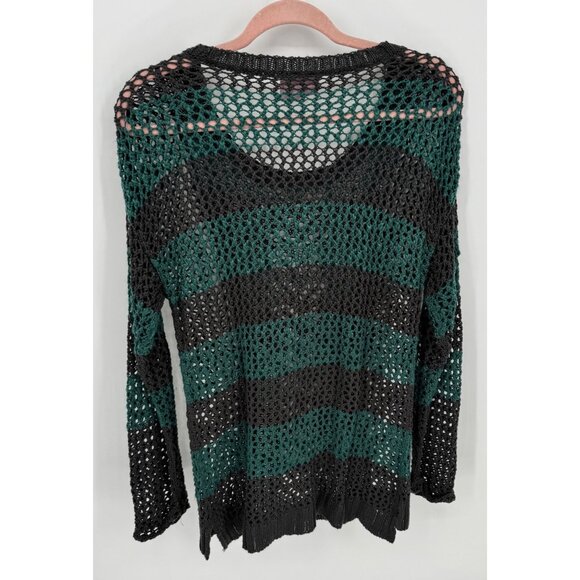 Romeo & Juliet Striped Green & Gray Open Knit Long Sleeve Sweater Size M - Picture 3 of 7